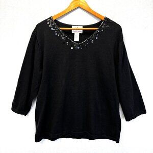 Quacker Factory Sequin Shirt Womens XL Black V-Neck 3/4 Sleeve Embellished‎ Top